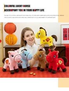 Detailed view of colorful plush horse dolls featuring traditional Chinese auspicious patterns.