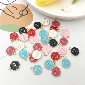 Colorful enamel 12 zodiac signs round pendants with gold frames and symbols