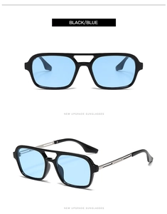 Detail view of black frame sunglasses with blue lenses and elegant metal temples