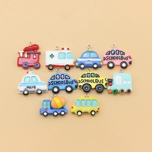 Detailed set of 10 colorful resin vehicle charms including taxi, bus and police car