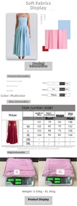 Size chart and fabric details for backless corset midi dress with 95% polyester info
