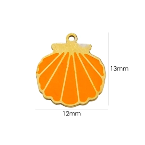 Detail view of a 13x12mm orange shell pendant with 14K gold-plated stainless steel frame