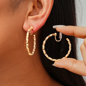 Geometric Diamond Cut Clip On Hoop Earrings Copper Large Metal Non Pierced Minimalist Fashion For Women Gold Silver