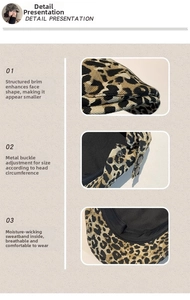 Detailed view of leopard print hat featuring adjustable metal buckle and moisture-wicking sweatband