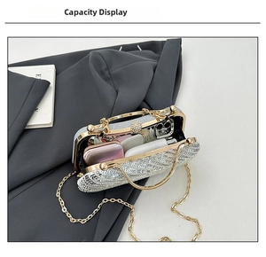 Macro shot showing internal storage capacity of a sparkly silver sequin evening clutch bag
