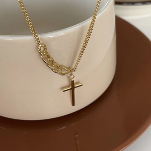 Minimalist 925 sterling silver gold cross necklace with unique mixed chain design