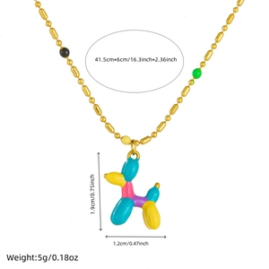 Golden bead chain necklace with colorful balloon dog pendant and size specifications