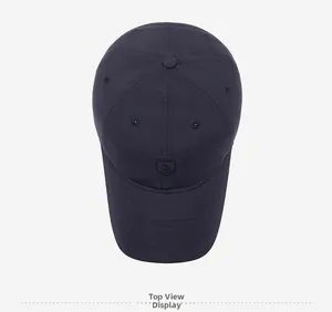 Top view of navy blue baseball cap showing six-panel structure and breathable vents