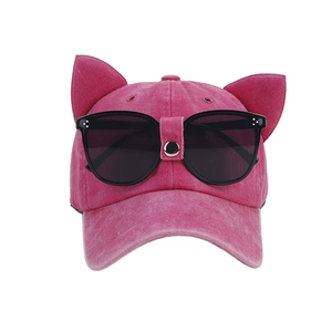 Pink baseball cap with cat ears and integrated aviator sunglasses on front