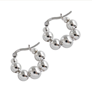 Minimalist S925 sterling silver geometric beaded hoop earrings with a polished finish