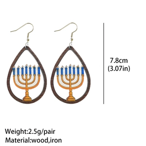 Detail showing Hanukkah teardrop wooden earrings with menorah pattern and dimensions