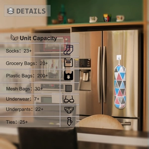 Wall-mounted grocery bag holder capacity chart showing storage for over 200 plastic bags