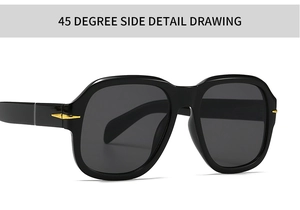 Detailed 45-degree side view of retro flat top sunglasses with gold arrow accent