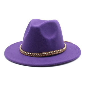 Detailed view of dark purple wool fedora hat with golden beaded and braided leather band