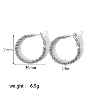 Detailed view of 30mm silver twisted hoop earrings showing exact size and weight specs