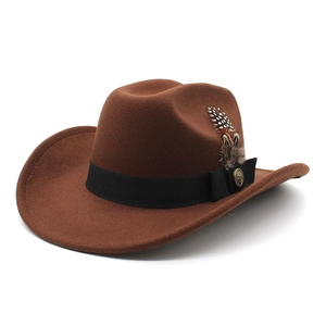Détail d'un chapeau en feutre de laine marron avec des plumes et une boucle en métal