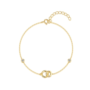 S925 silver double loop gold bracelet featuring Luck engraving and zircon stones