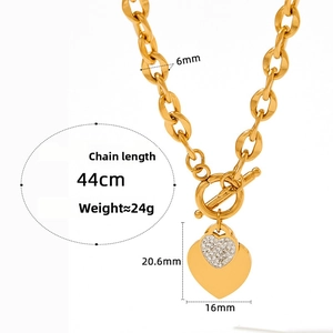 Detail of gold chain necklace with OT clasp and rhinestone heart pendant specifications