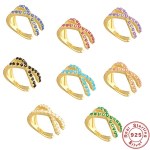 S925 sterling silver crisscross ear cuff set with multi-colored cubic zirconia stones