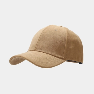 Detailed view of camel faux suede baseball cap with reinforced stitching and eyelets
