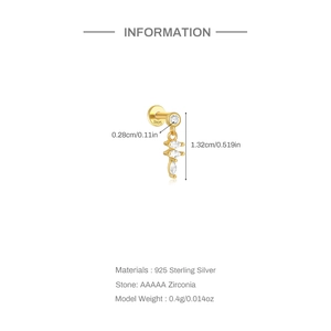 Detailed product dimensions for the 925 sterling silver zirconia flower ear piercing stud