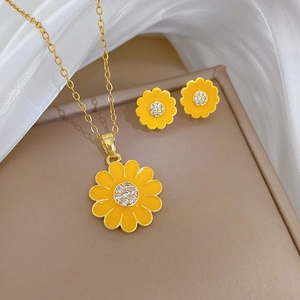 Sunflower Necklace And Earrings Jewelry Set Stainless Steel Chain Copper Rhinestone Yellow Floral For Women Elegant