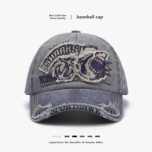 Vintage Washed Cotton Baseball Cap With Shark Embroidery Distressed Frayed Edges Retro Streetwear Adjustable Sun Hat