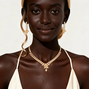 Élégant Épi De Blé En Forme De Feuille Collier En Cuivre Zircon En V Et Boucles D'oreilles Pendantes Bijoux Femmes Mariage Soirée