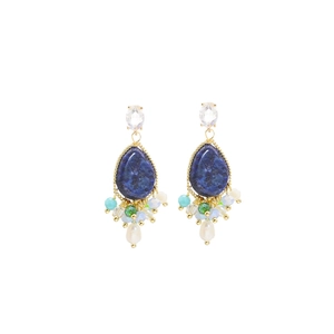 Vintage natural pearl earrings with blue teardrop stones and colorful beaded accents