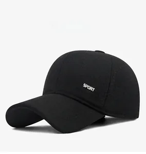 Detail view of black baseball cap with side SPORT embroidery and warm fleece material