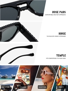 Detailed views of non-slip nose pads, sturdy hinges, and temples for stylish sunglasses