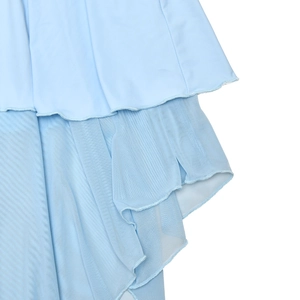 Detail view of light blue mesh fabric layers with wavy edge stitching on maxi dress