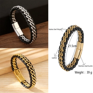 Men's double chain braided leather bracelet with stainless steel magnetic buckle, 21.5cm