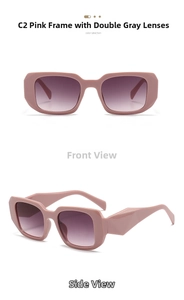 Detail view of pink rectangular sunglasses with gradient gray lenses and thick frames