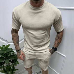 Men's summer casual waffle knit short sleeve t-shirt and shorts set in beige color