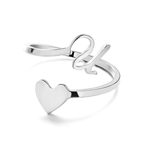 Detailed view of adjustable silver heart and initial U open ring in polished finish