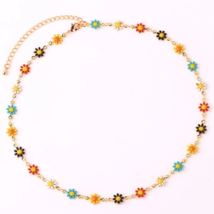 18K gold chain necklace with colorful enamel daisy pendants on a clean white background