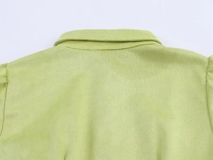 Detail von hellgrünem Wildleder-Kragen und plissierten Schultern an einem Kleid