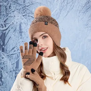 Winter warm knit beanie with faux fur pom and touch screen gloves set for women in camel