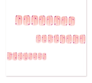 Detailed set of 24 short square pink press-on nails with white floral patterns