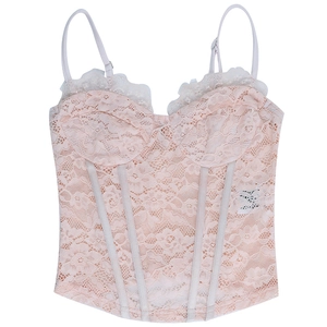 Détail de la camisole en dentelle rose avec baleines de corset et tissu en maille