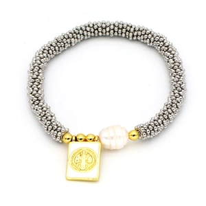 Bohemian silver beaded bracelet with gold accents, white pearl and rectangle medal charm