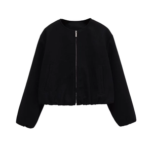 Women's classic black crew neck zip-up jacket with structured hem and silver zipper