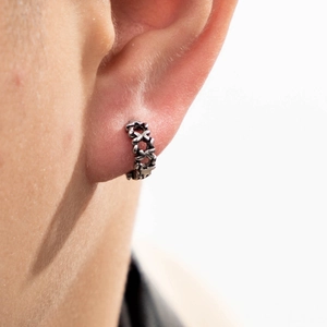 Vintage stainless steel silver star hoop earring with hollow chain design on female model