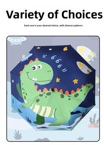 Detail of child umbrella with cartoon dinosaur space print and sturdy 8-rib frame