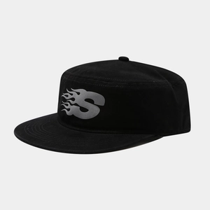 Flat top black military cap with grey flame S logo and street style straight brim
