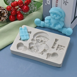Christmas Santa Claus gift silicone mold with blue finished cake decorations