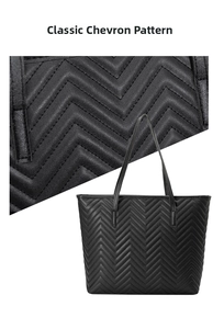 Detail of classic black chevron quilted texture on large capacity tote handbag