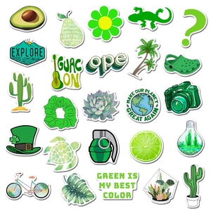 Green VSCO style waterproof PVC stickers set featuring avocado, cactus and explore slogans