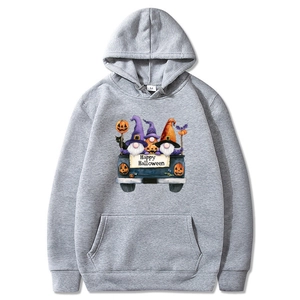 Gray Halloween hoodie with Happy Halloween print and kangaroo pocket on a white background
